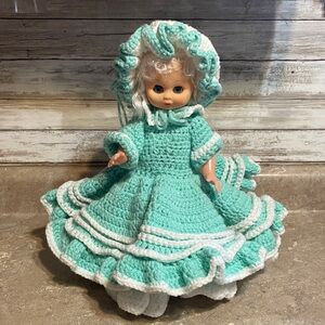 Crocheted Doll with Teal and White Dress